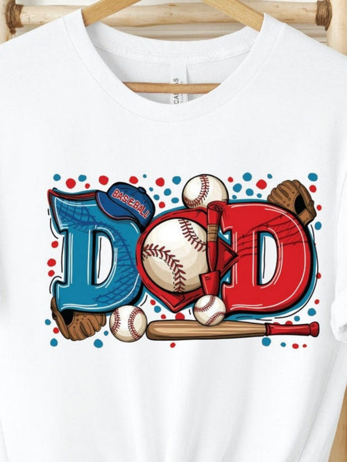 Women's Graphic T-Shirt Dad Surrounded By Baseball Gloves And Colorful Baseball