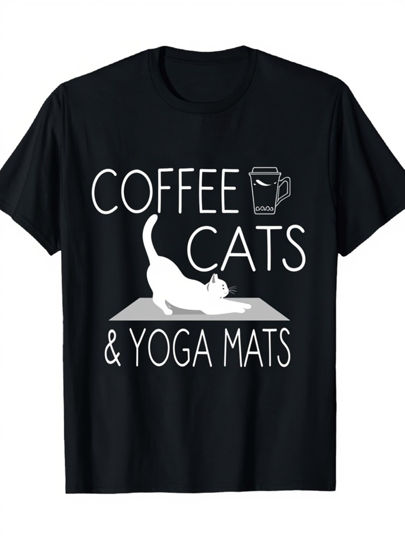Men's Graphic T-Shirt Coffee Cats And Yoga Mats Playful White Cat With Coffee Cup On Mat