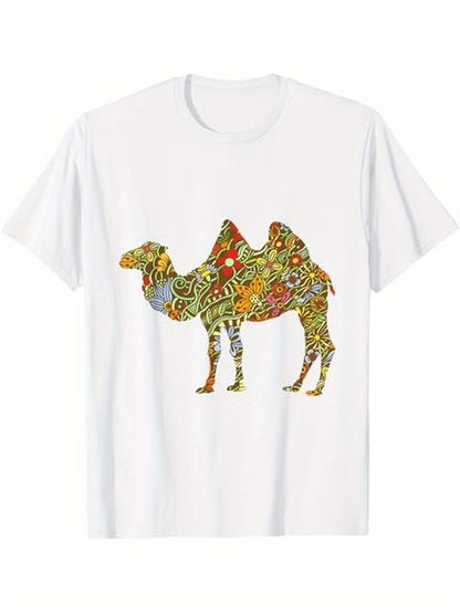 Men's Graphic T-Shirt Colorful Tribal Pattern With Exotic Geometric Motifs Covering A Camel