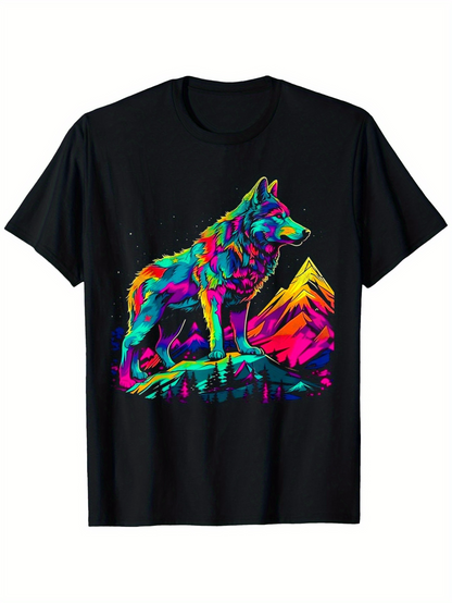 Men's Graphic T-Shirt Vivid Neon Colors Illuminating A Lone Wolf And Mountain Landscape Wolf