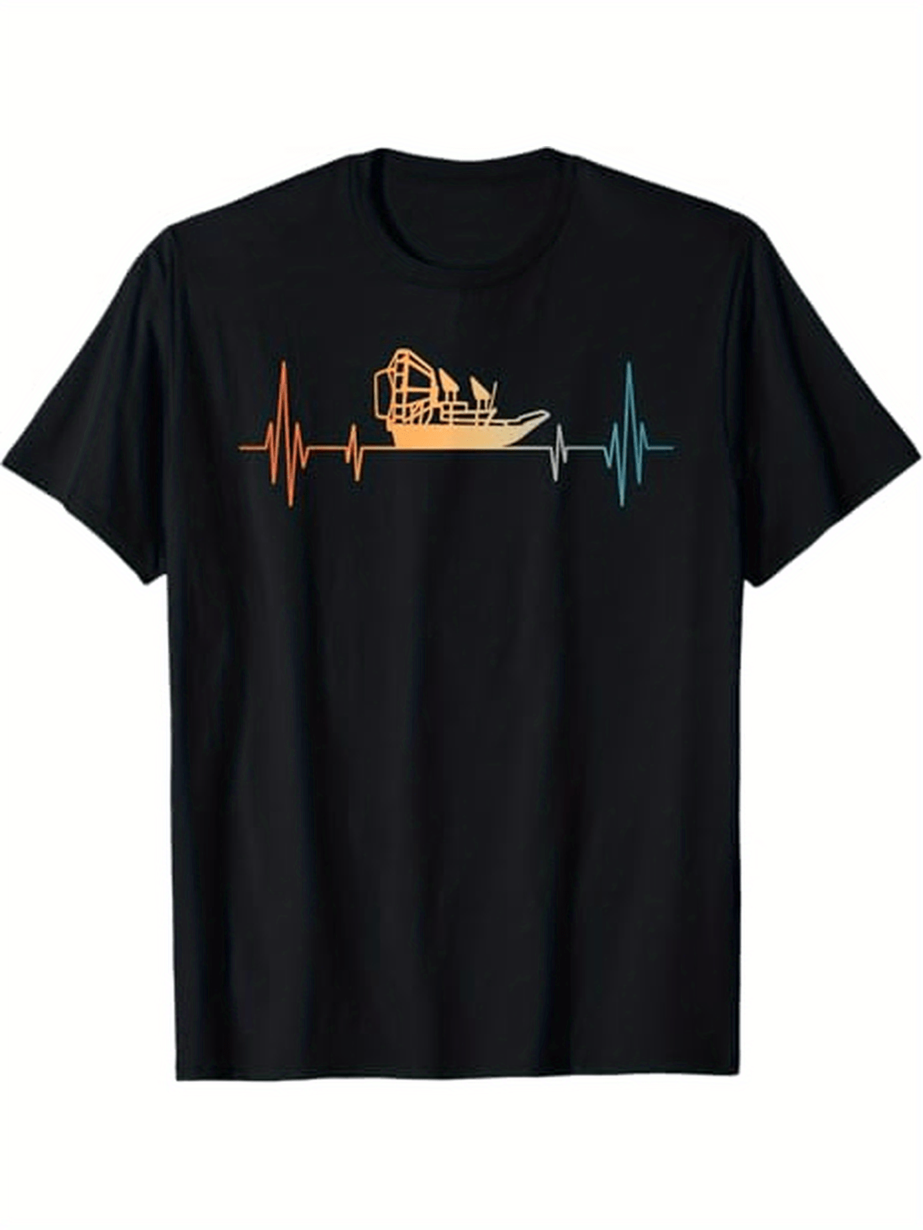 Men's Graphic T-Shirt Retro Gradient Pulse Lines With Airboat In The Center