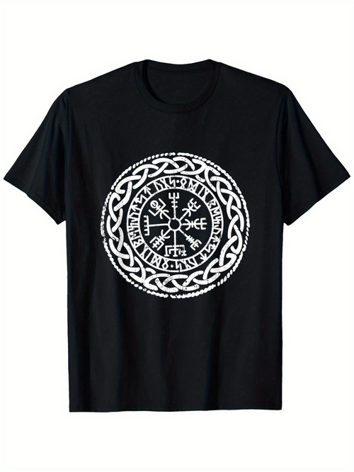Men's Graphic T-Shirt Runic Symbols Inside Interlaced Nordic Style Circle Crest