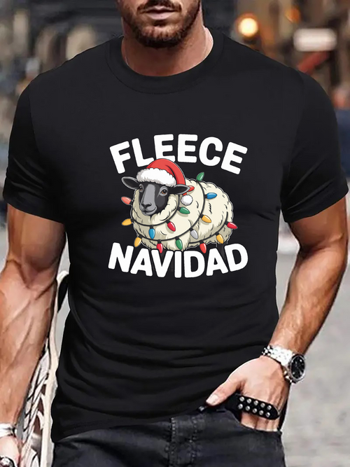 Men's Graphic T-Shirt Fleece Navidad Sheep Wearing Christmas Santa Hat Lights