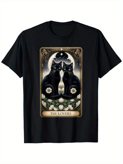 Men's Graphic T-Shirt The Lovers Vintage Tarot Card Framed Floral Black Cat