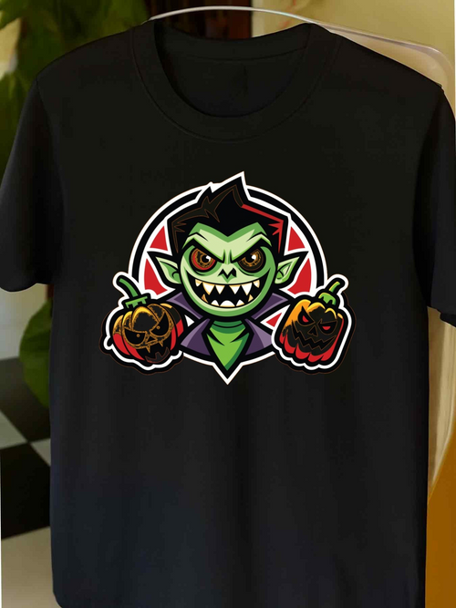 Men's Graphic T-Shirt Green Vampire Smiling With Pumpkins Framed By Dark Halloween Night