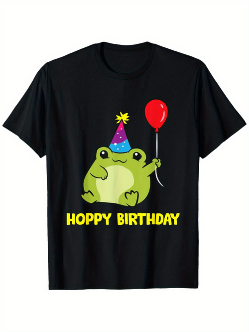 Men's Graphic T-Shirt Hoppy Birthday Party Hat With Red Balloon And Smiling Cartoon Frog