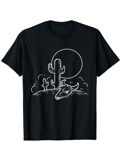 Men's Graphic T-Shirt Desert Landscape With Cactus And Steer Skull Under Rising Moon