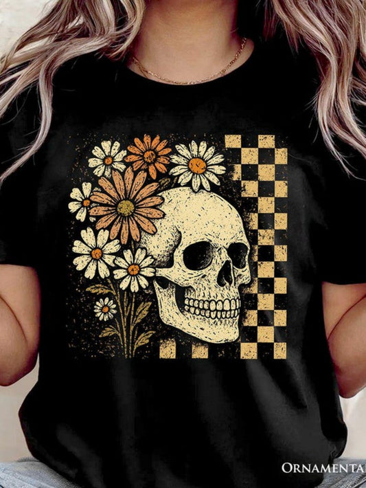 Women's Graphic T-Shirt Vintage Wildflowers And Checkered Pattern Featuring A Human Skull