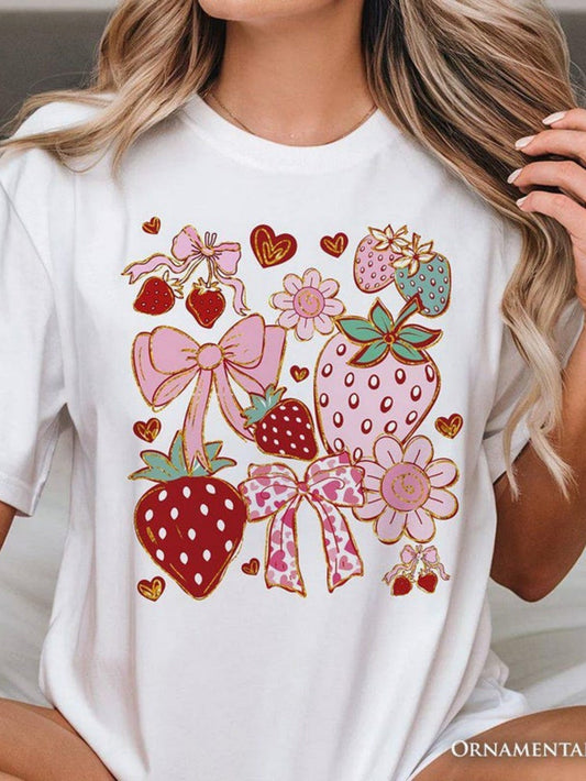 Women's Graphic T-Shirt Pink Ribbons With Heart Shaped Flowers Surrounding Colorful Strawberries