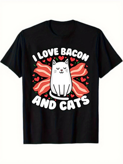 Men's Graphic T-Shirt I Love Bacon And Cats Surrounded By Red Hearts With White Cute Cat