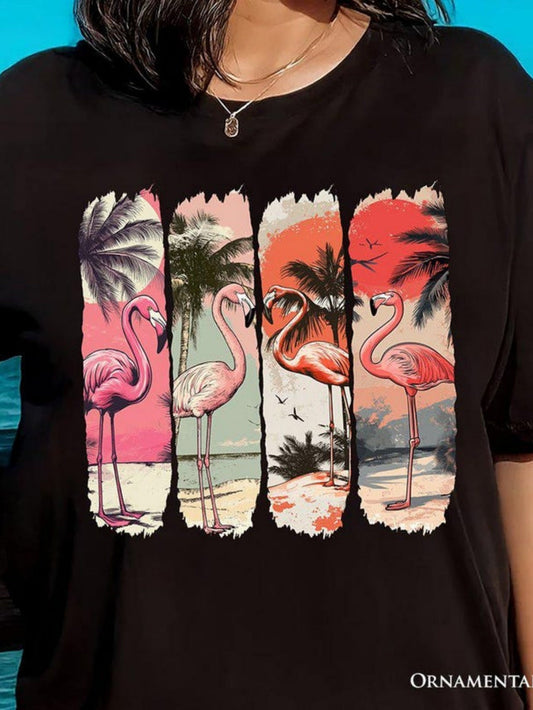 Women's Graphic T-Shirt Tropical Sunset With Flamingos Palm Trees And Vibrant Colored Sky Flamingo