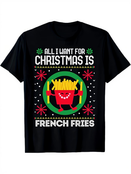Men's Graphic T-Shirt All I Want For Christmas Is French Fries Festive Holiday Pattern Surrounding Smiling Cartoon French Fries Box