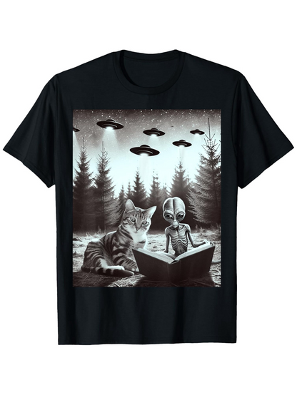 Men's Graphic T-Shirt Night Forest Cat Reading A Mysterious Book With Alien Friends