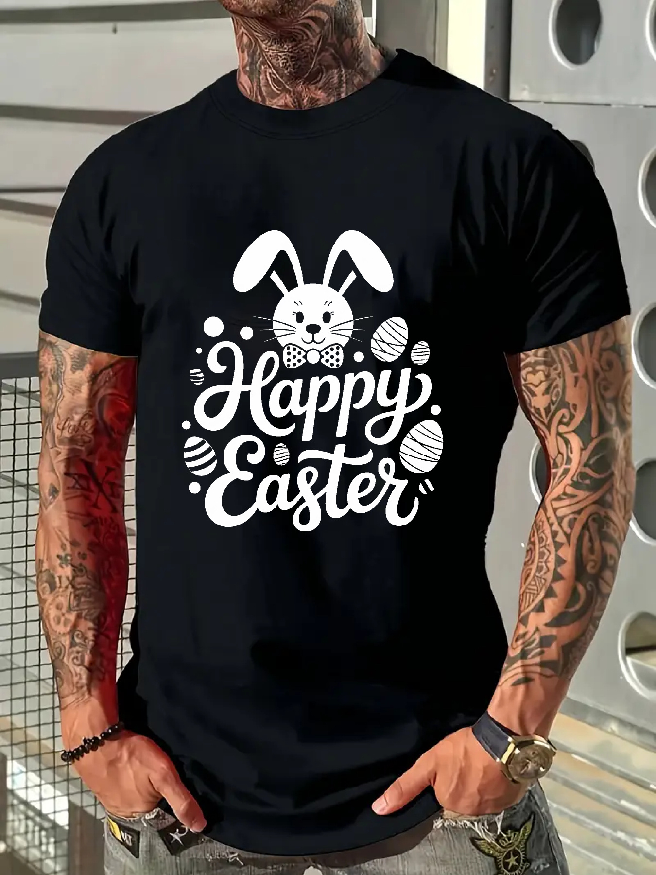 Men's Graphic T-Shirt Happy Easter Bunny With Eggs And Whimsical Spring Ornaments