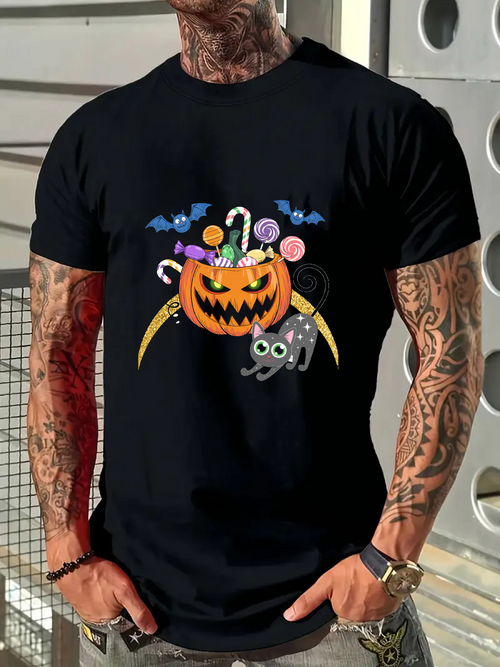 Men's Graphic T-Shirt Colorful Candies With Playful Gray Mouse And Jack O Lantern