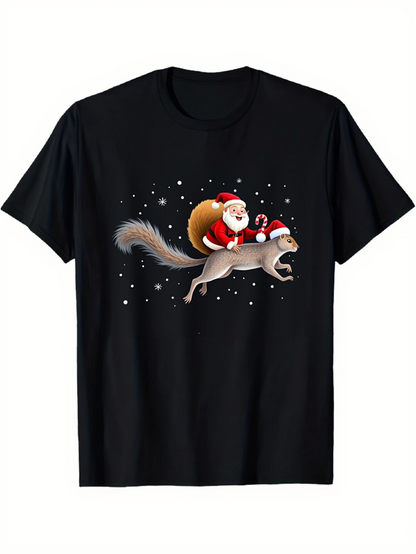 Men's Graphic T-Shirt Santa Claus Carrying Gifts Flying Over Snowflakes On Squirrel