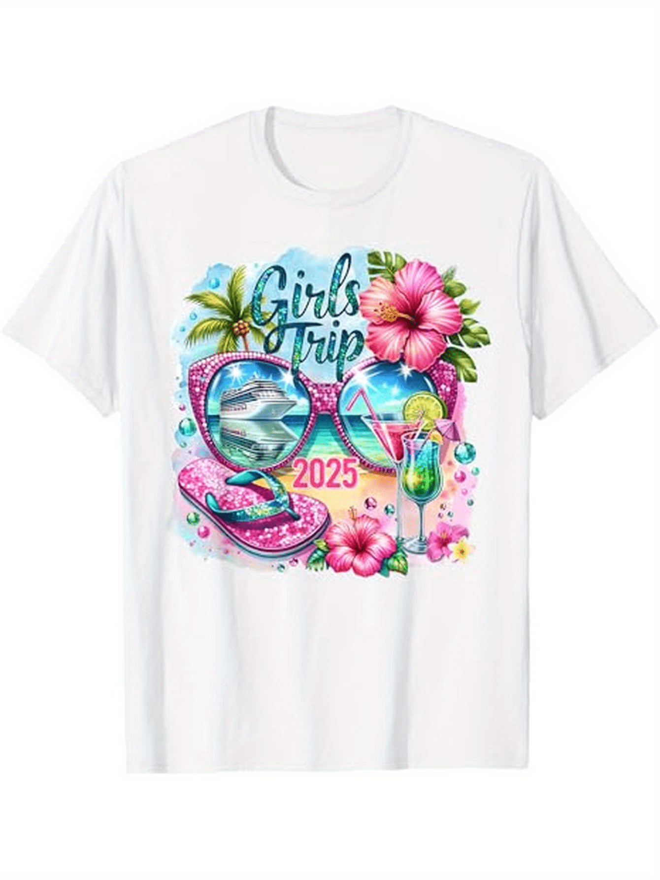 Men's Graphic T-Shirt Girls Trip 2025 Glittering Shell With Tropical Flowers And Palm