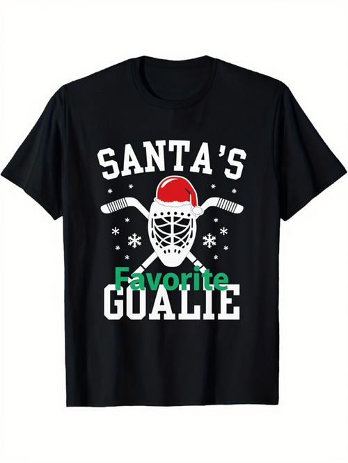 Men's Graphic T-Shirt Santas Favorite Goalie With Hockey Mask Sticks And Christmas Snowflakes