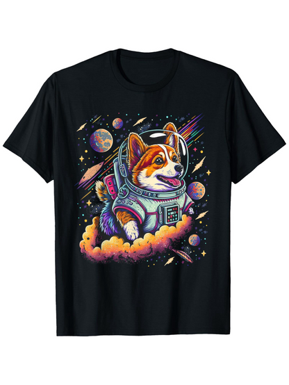 Men's Graphic T-Shirt Colorful Cosmic Journey With Floating Planets Around Astronaut Dog