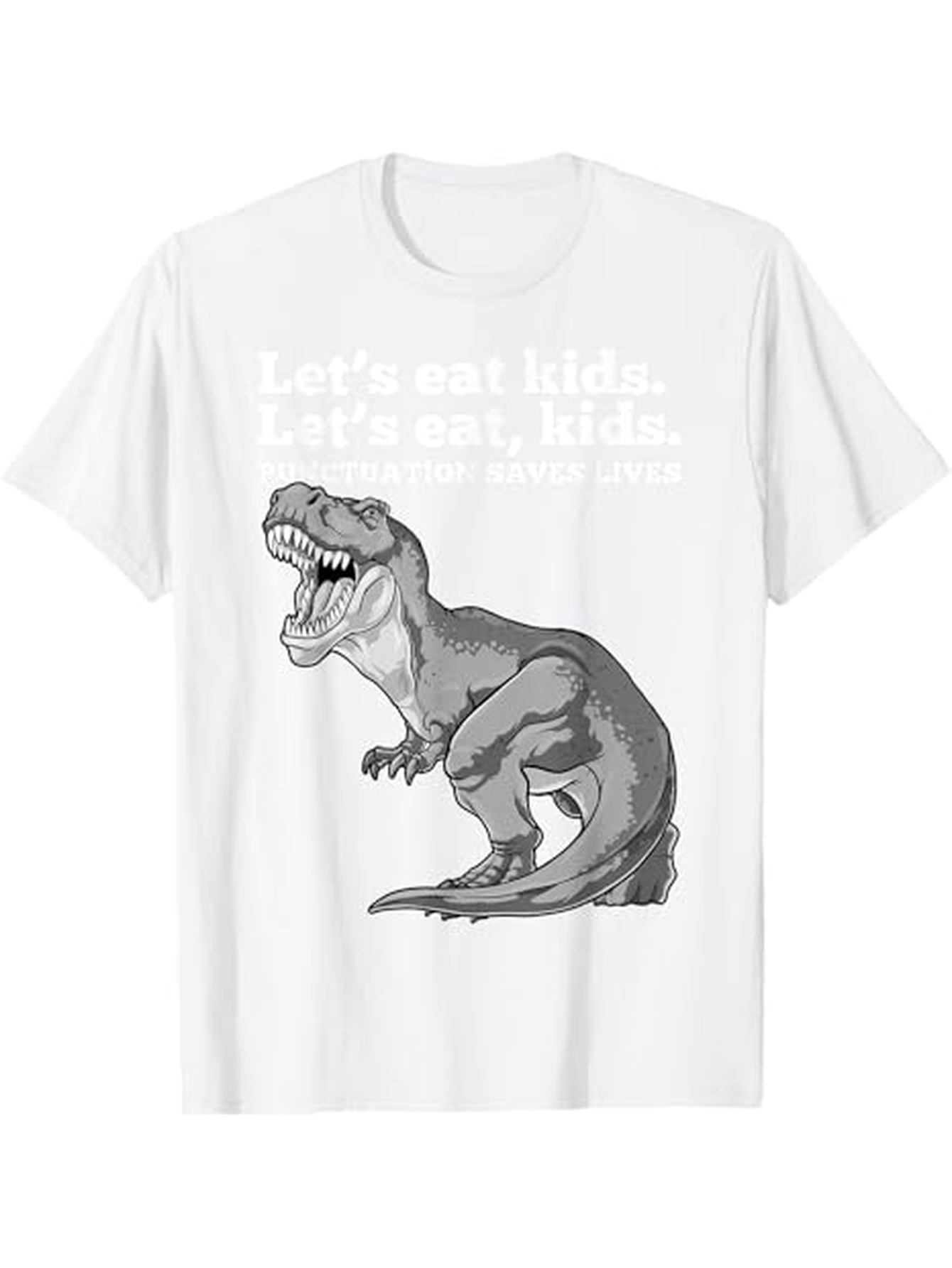 Men's Graphic T-Shirt Lets Eat Kids Funny Punctuation With Roaring Dinosaur Illustration