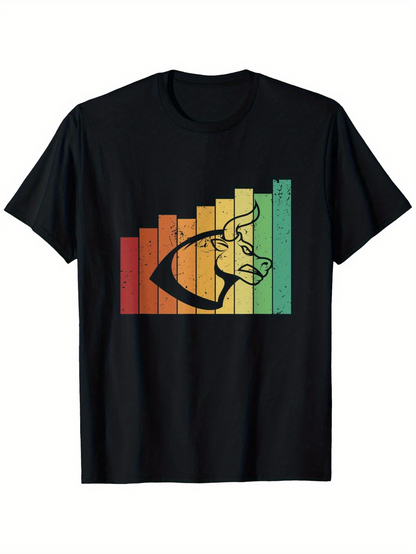 Men's Graphic T-Shirt Retro Faded Vertical Stripes Overlaid With Artistic Bull Head