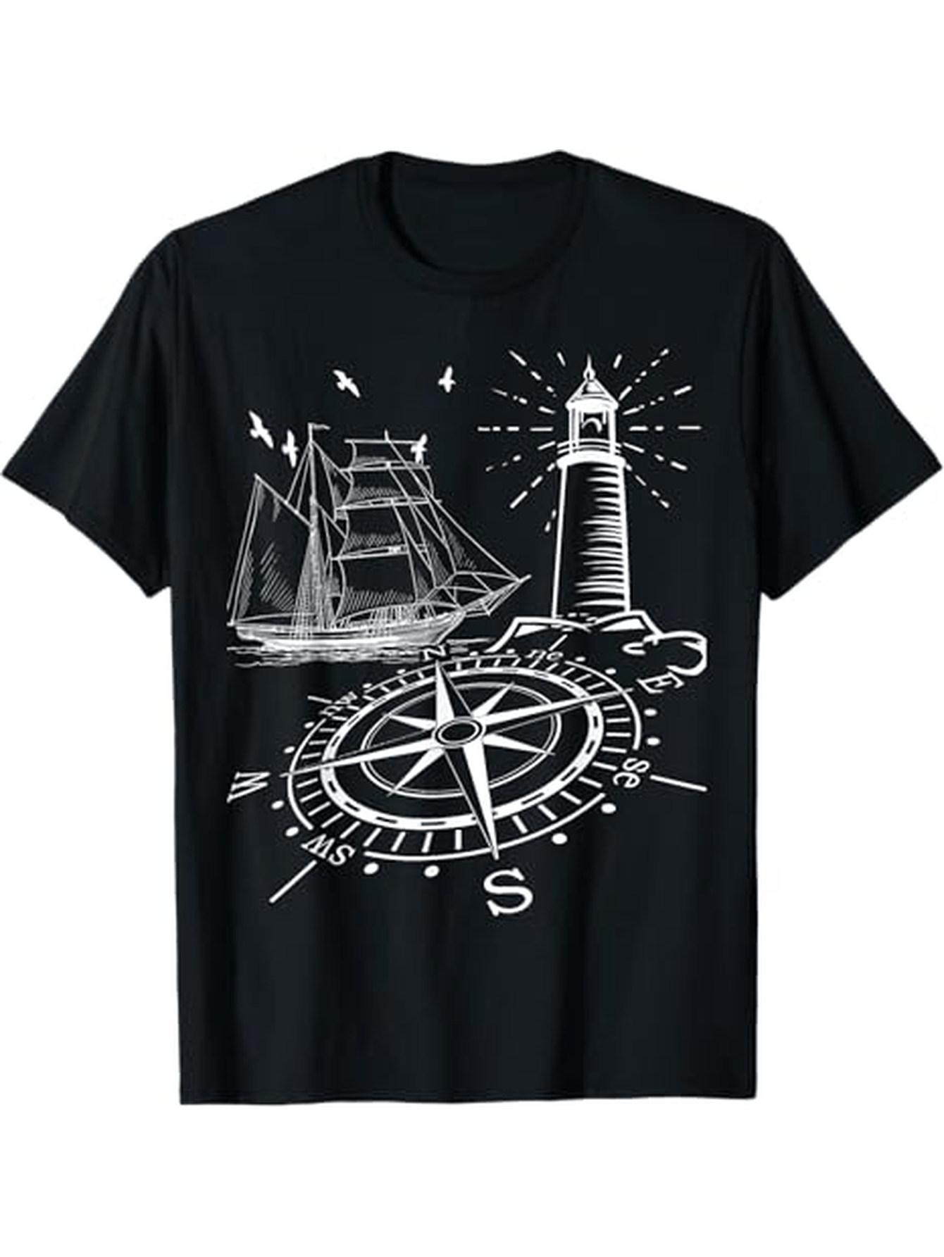 Men's Graphic T-Shirt Classic Nautical Elements With Lighthouse Sailing Ship And Compass Rose