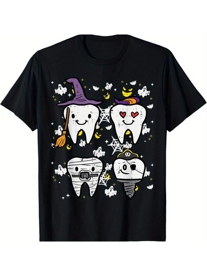 Men's Graphic T-Shirt Cartoon Teeth With Halloween Decorations Amid Whimsical Stars And Bats