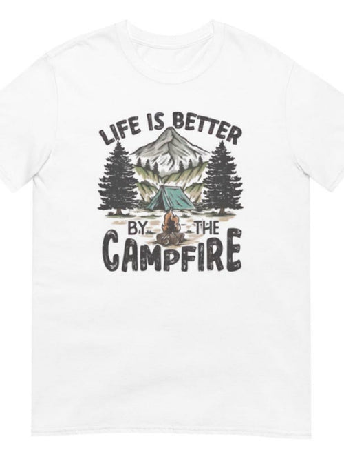 Men's Graphic T-Shirt Life Is Better By The Campfire With Pine Trees Mountains And Burning Logs Campfire