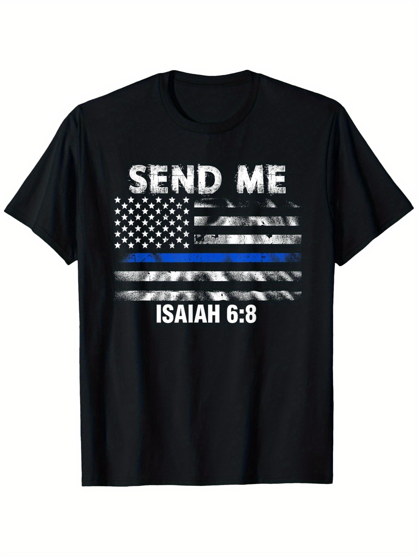 Men's Graphic T-Shirt Send Me American Flag With Blue Line Under Strong Grunge Texture