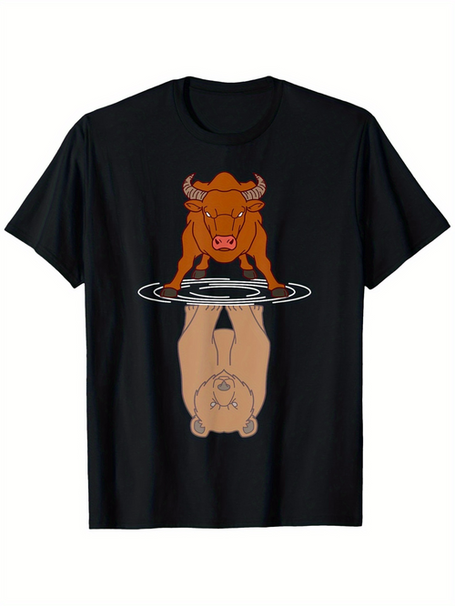 Men's Graphic T-Shirt Reflective Ripple Illustration With Bull Standing Over Calm Bear