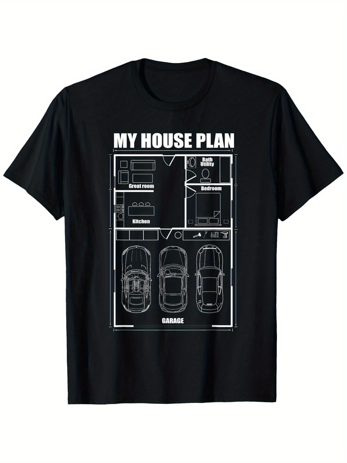 Men's Graphic T-Shirt My House Plan Minimalist Blueprint With Cars And Home Layout