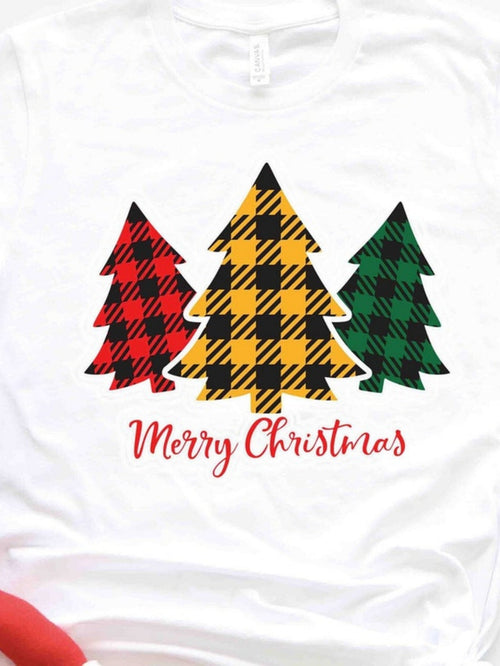 Men's Graphic T-Shirt Merry Christmas Colorful Plaid Pattern With Festive Three Evergreen Trees