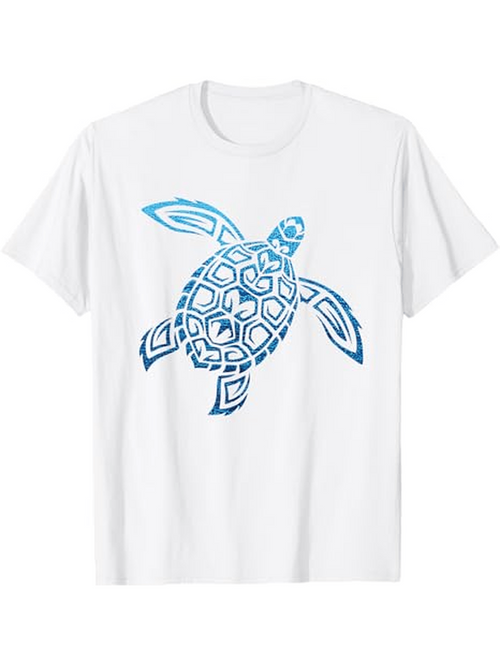 Men's Graphic T-Shirt Abstract Blue Waves Patterned Ocean Sea Turtle