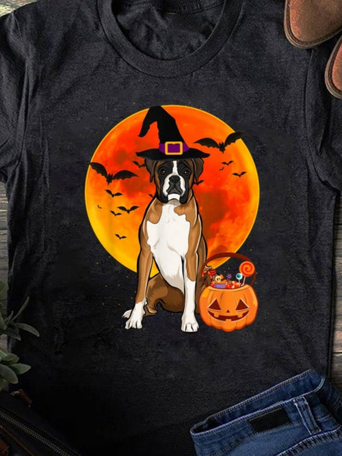 Men's Graphic T-Shirt Halloween Night Moon With Bats Pumpkin And Candy Sitting Dog