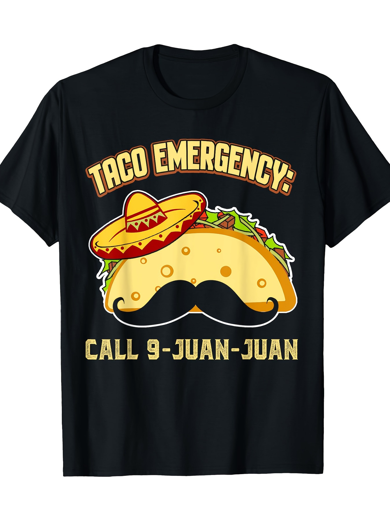 Men's Graphic T-Shirt Taco Emergency Yellow Cheese Lettuce Shell With Sombrero And Mustache Taco