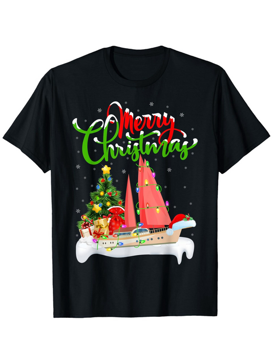 Men's Graphic T-Shirt Merry Christmas Festive Tree Gifts And Snow Sailboat