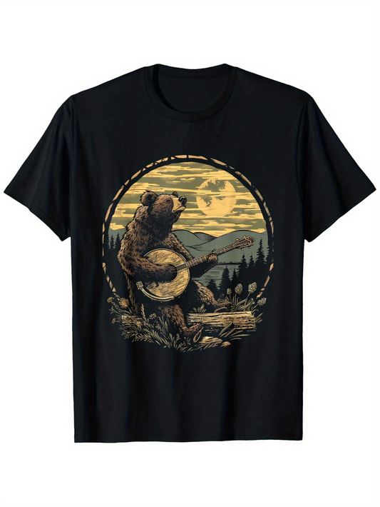 Men's Graphic T-Shirt Mountain Wilderness Under Full Moon With Banjo Playing Bear