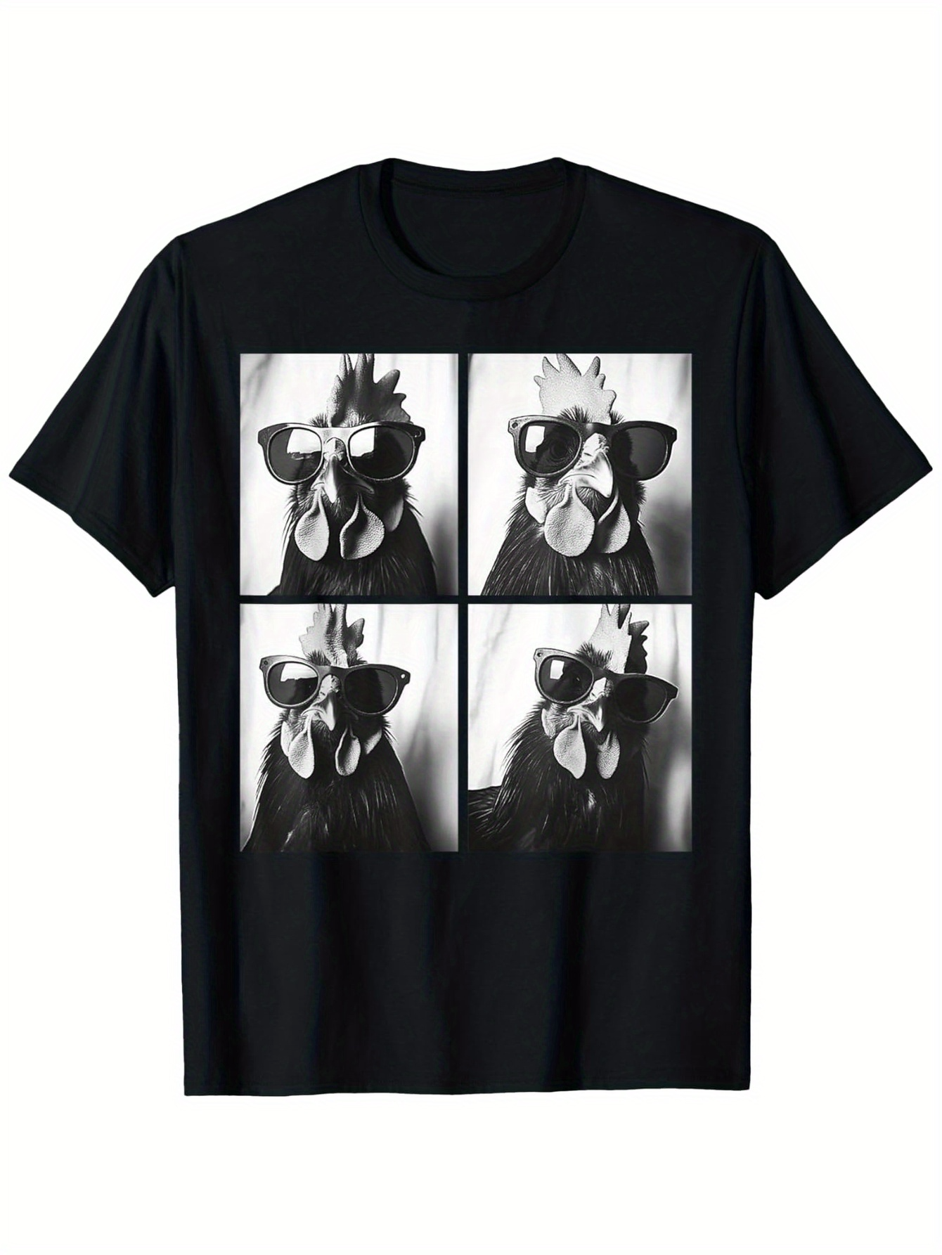Men's Graphic T-Shirt Monochrome Quad Panels With Funky Sunglasses Chicken Portrait