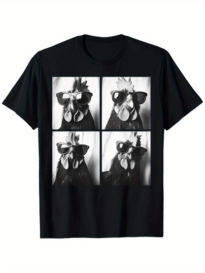 Men's Graphic T-Shirt Monochrome Quad Panels With Funky Sunglasses Chicken Portrait