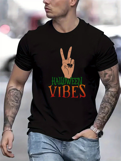 Men's Graphic T-Shirt Halloween Vibes Peace Hand Under Carved Pumpkin Fingers