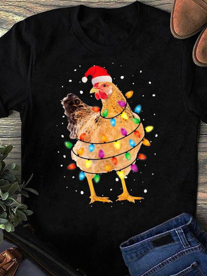 Men's Graphic T-Shirt Colorful Festive Christmas Lights Wrapping A Chicken Wearing Santa Hat
