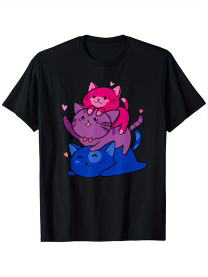 Men's Graphic T-Shirt Playful Stack Of Colorful Cats With Pink Hearts Cuddling Together Cat