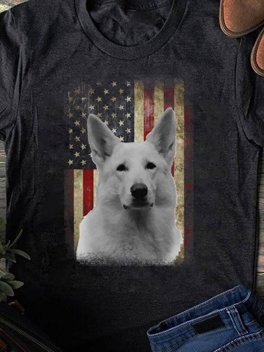 Men's Graphic T-Shirt Majestic White Dog With Vintage Faded American Flag Backdrop