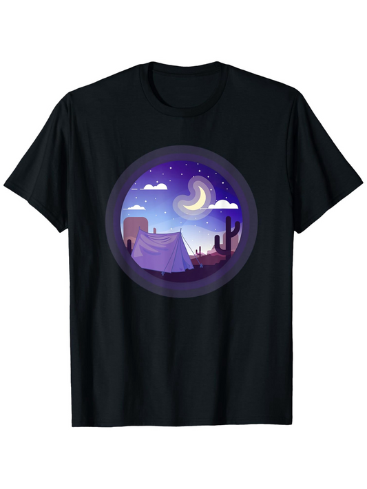 Men's Graphic T-Shirt Starry Desert Night With Crescent Moon Peaceful Tent Scene