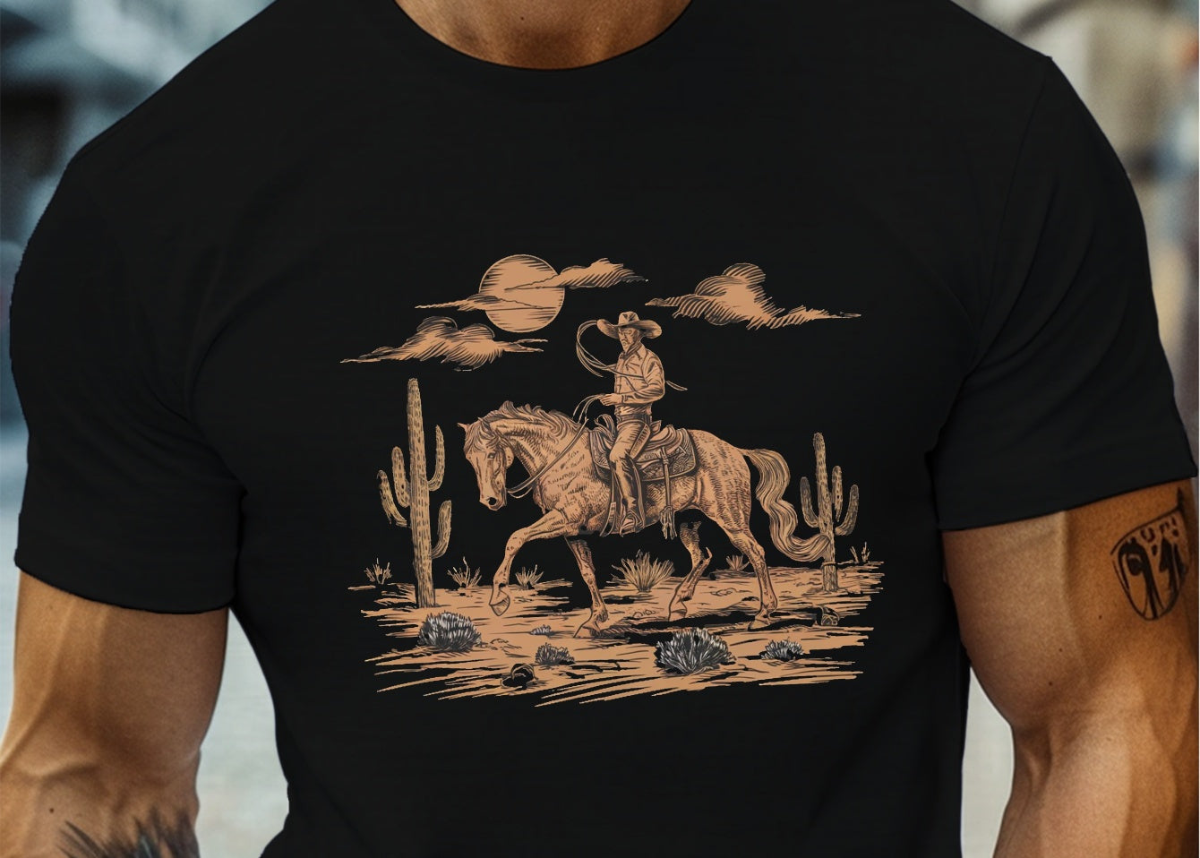Men's Graphic T-Shirt Desert Sunset With Cacti Sand Rocks And Horse Rider Among Clouds