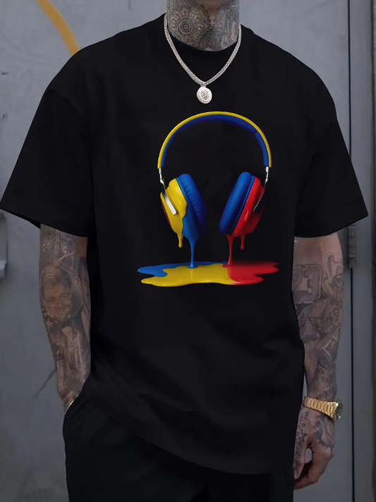 Men's Graphic T-Shirt Vibrant Splash Of Colorful Paint Melting Dripping Headphones