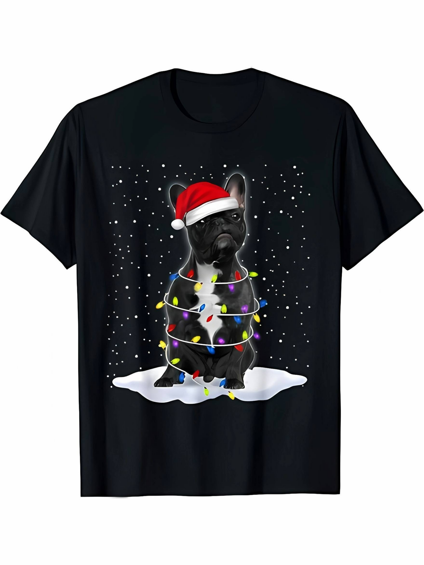 Men's Graphic T-Shirt Christmas Lights With Santa Hat On Snowy French Bulldog