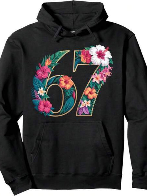 Men's Graphic Hoodie Colorful Tropical Hibiscus Flowers Forming Bold Number Sixty Seven