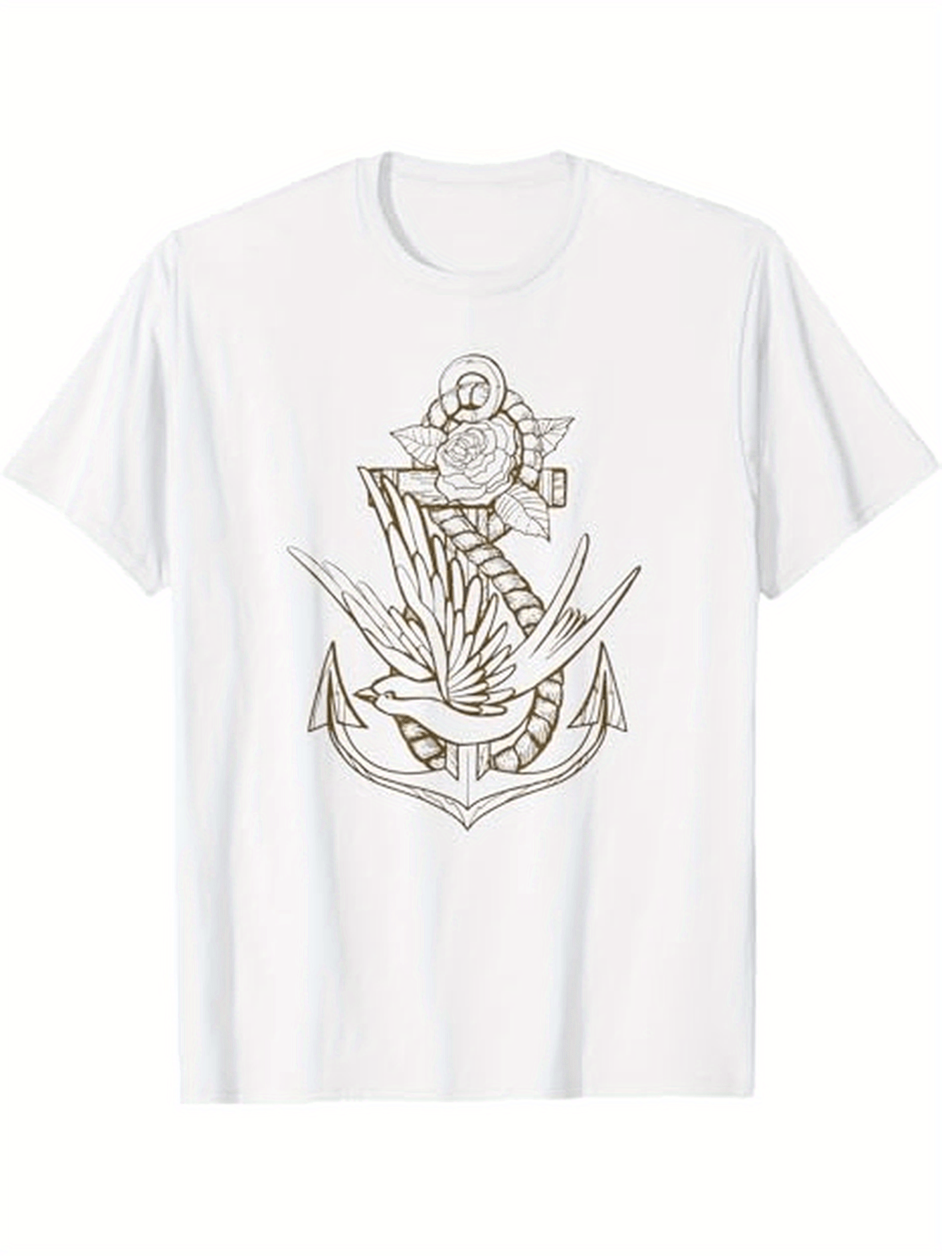 Men's Graphic T-Shirt Detailed Nautical Anchor With Soaring Bird And Ship Wheel Tattoo Anchor