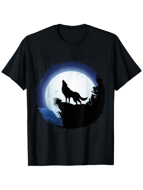 Men's Graphic T-Shirt Howling Wolf Silhouette Under Full Moon With Shaded Forest Cliff